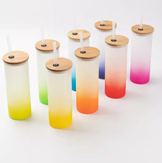 20oz Ombre Frosted Glass Tumbler w/Bamboo Lid | Skinny | Sublimation | Clearance