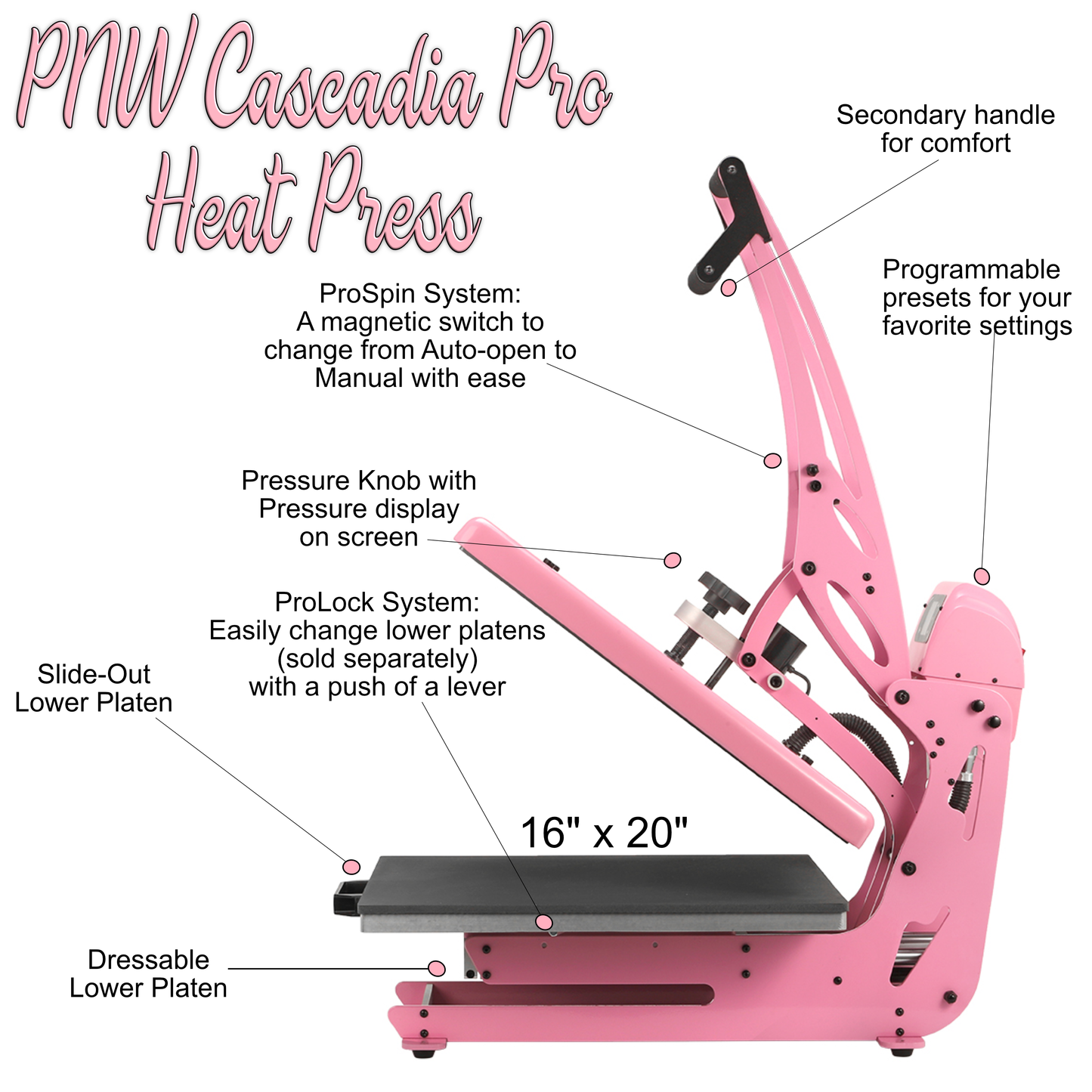 Cascadia Pro Heat Press | Flat Press with Hybrid Auto-Open | Pink